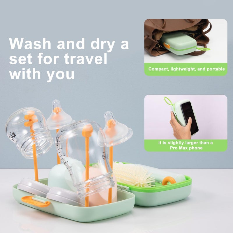 suvast 7in1 Travel Bottle Cleaner kit,Baby Essentials, with Bottle Brush、Nipple Brush、Straw Cleaner Brush、Soap Dispenser、Bottle Drying Rack、Drainage Tray、Storage Box,Baby Travel Essential (Green) - Image 2